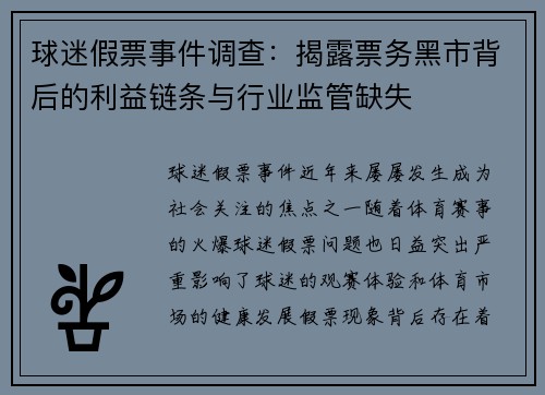球迷假票事件调查：揭露票务黑市背后的利益链条与行业监管缺失