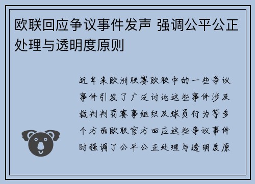欧联回应争议事件发声 强调公平公正处理与透明度原则
