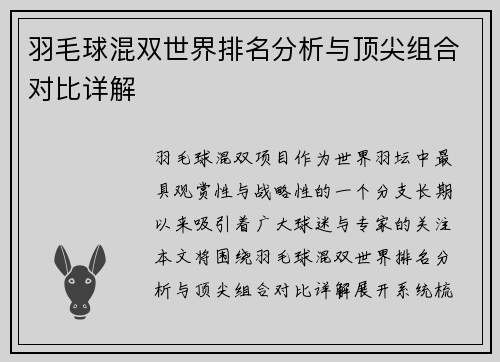 羽毛球混双世界排名分析与顶尖组合对比详解