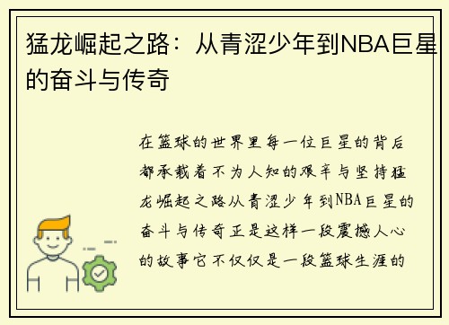 猛龙崛起之路：从青涩少年到NBA巨星的奋斗与传奇